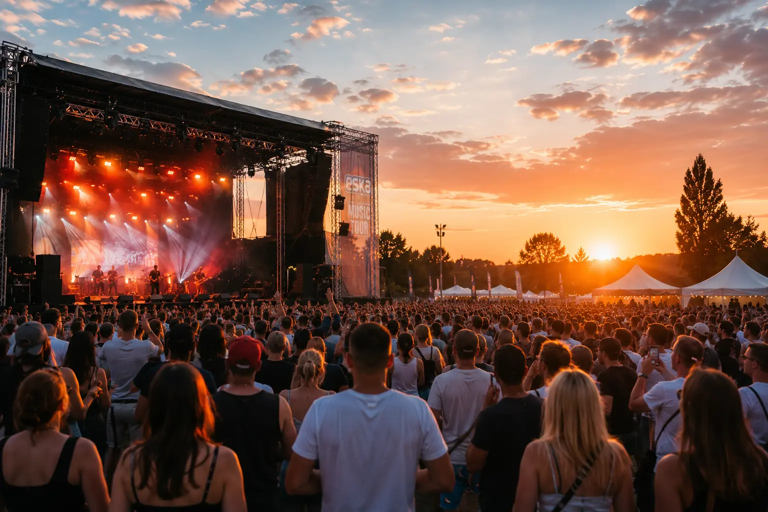 Plenerowy koncert muzyczny podczas zachodu słońca.