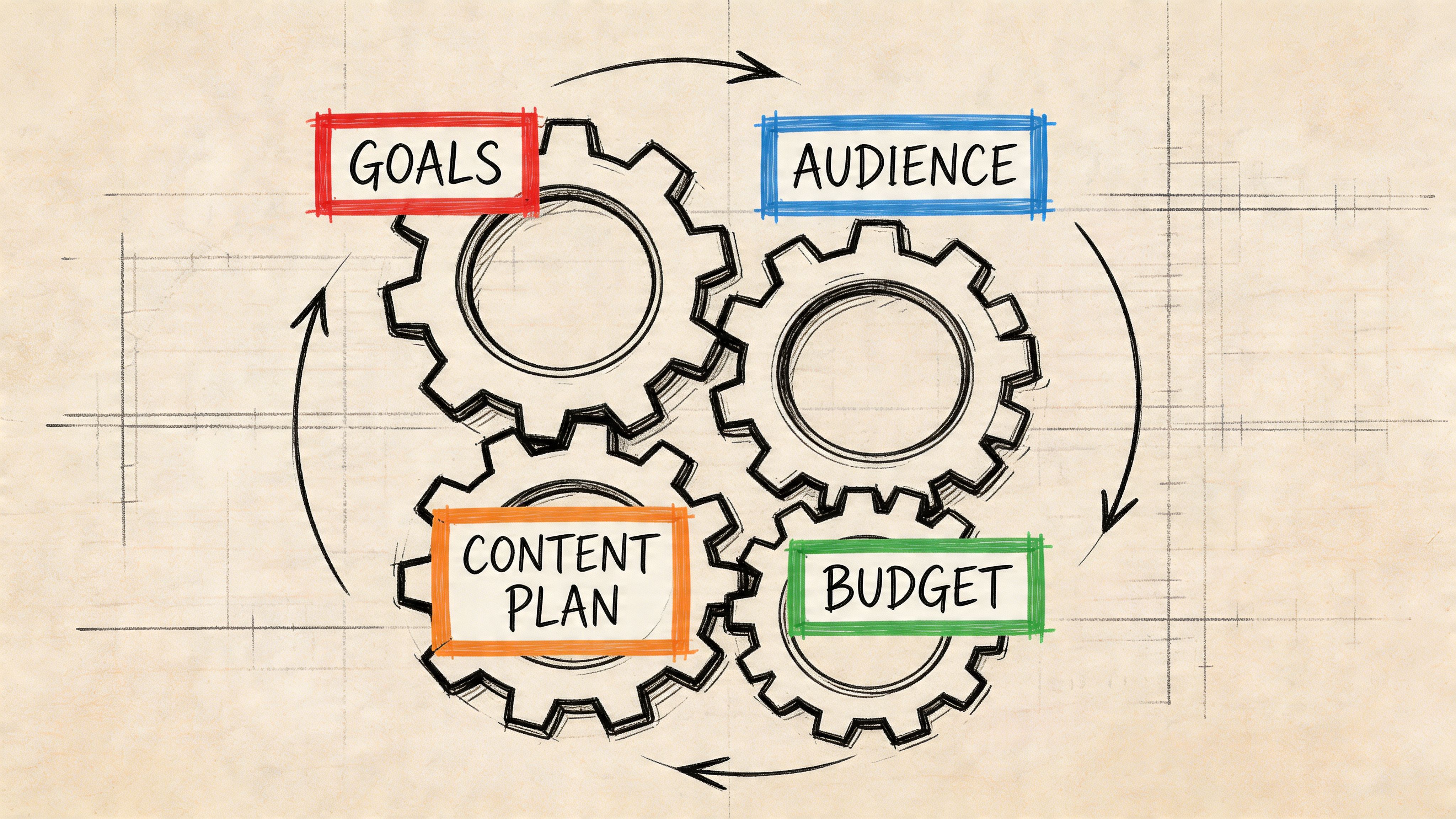 A conceptual diagram showing four interlocking gears representing goals, audience, budget, and content plan for marketing strategies.