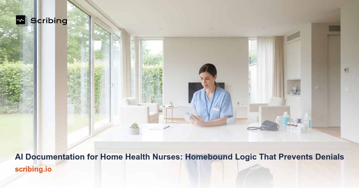 Home health nurse using AI documentation tools to complete homebound status paperwork for Medicare compliance