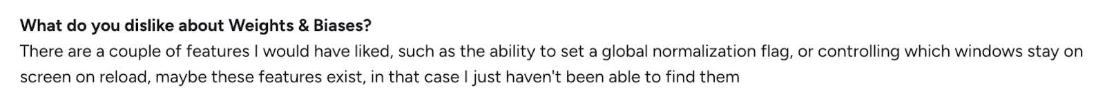 User feedback noting missing or hard-to-find interface features in Weights & Biases