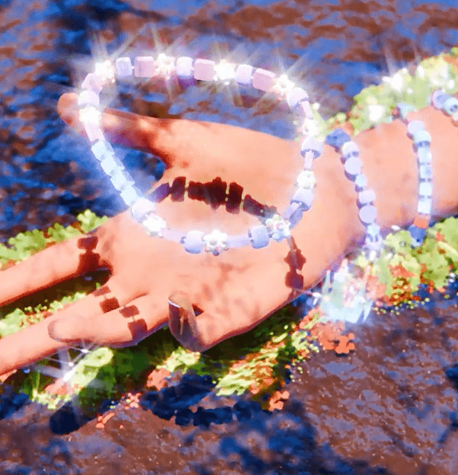Kandi Sparkling beaded bracelets float around an outstretched hand in colorful digital art.