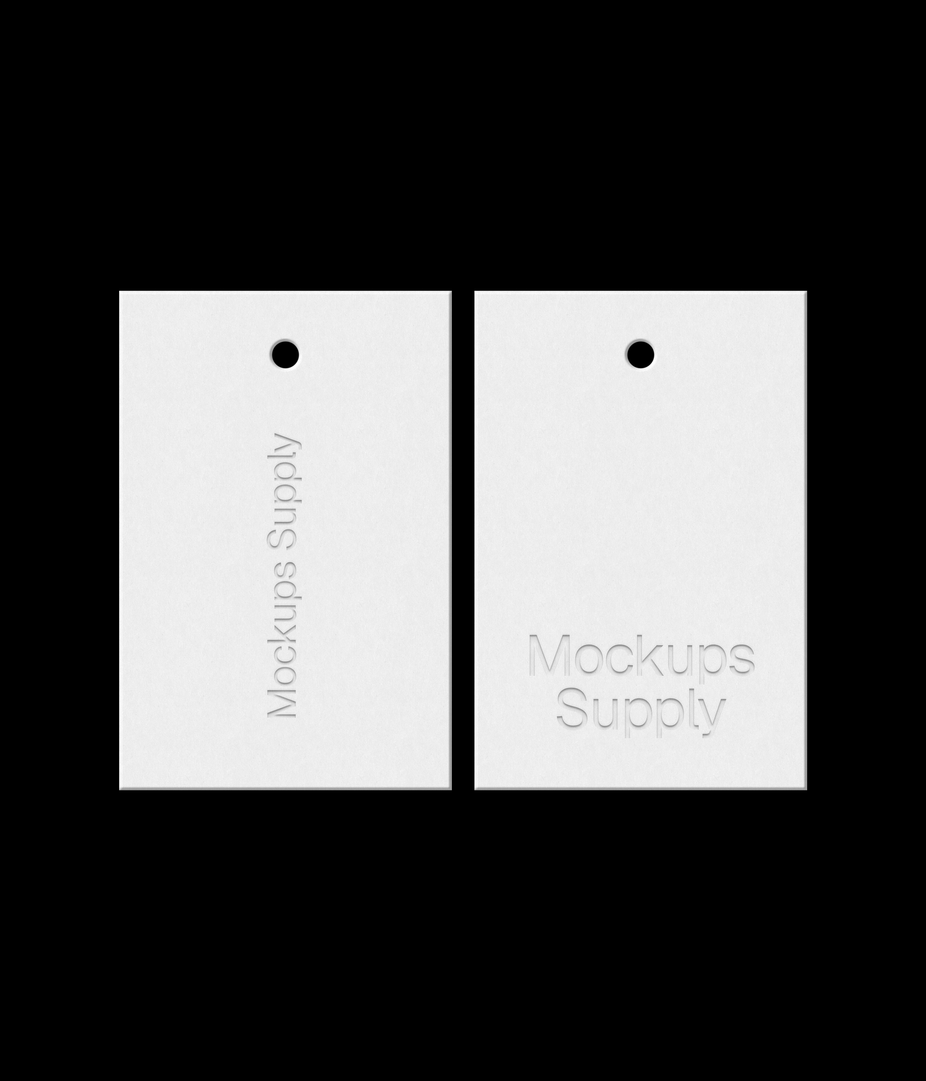 Two white 2x3 hang tags mockup on black background with realistic debossed logo effect for Photoshop download psd