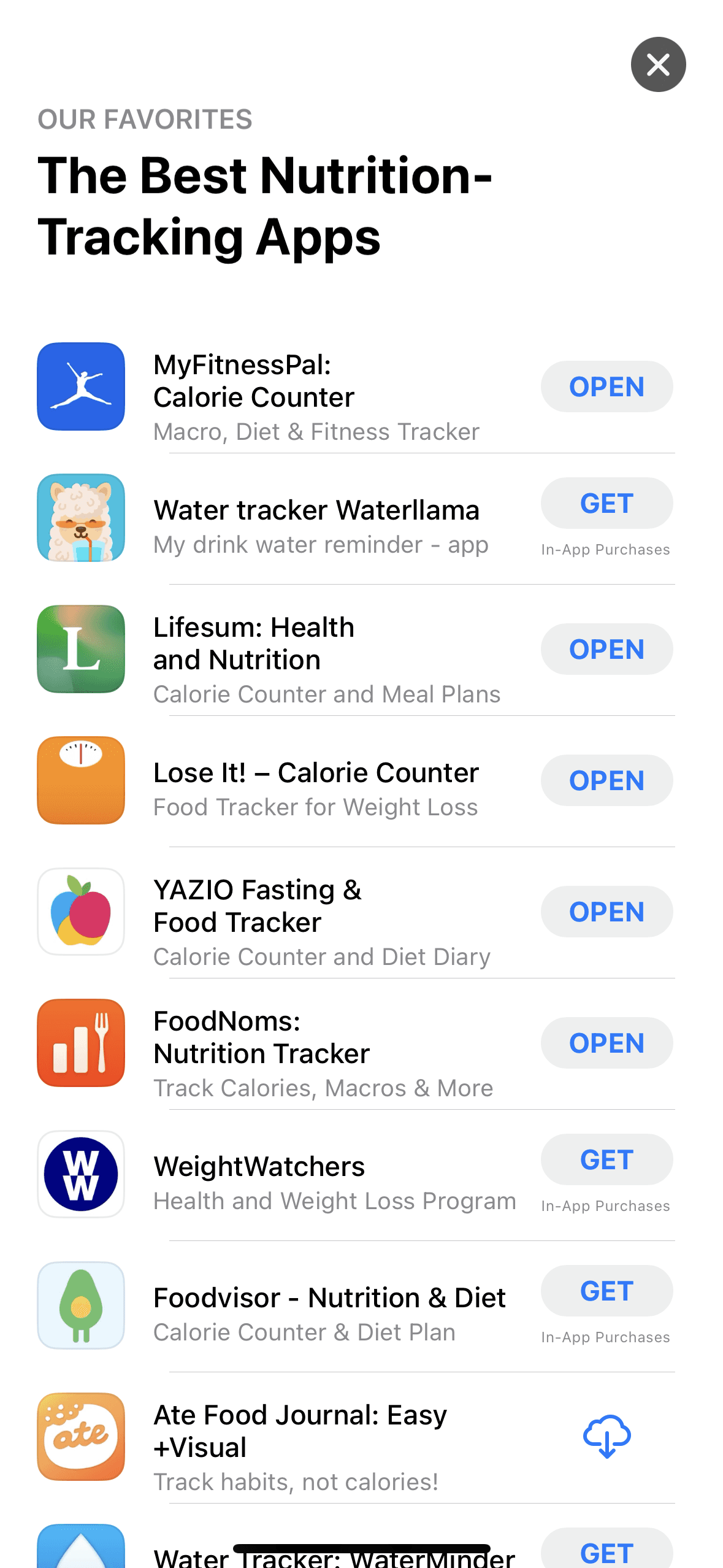 Screenshot of Best Nutrition Tracking Apps list in the App Store, FoodNoms included.