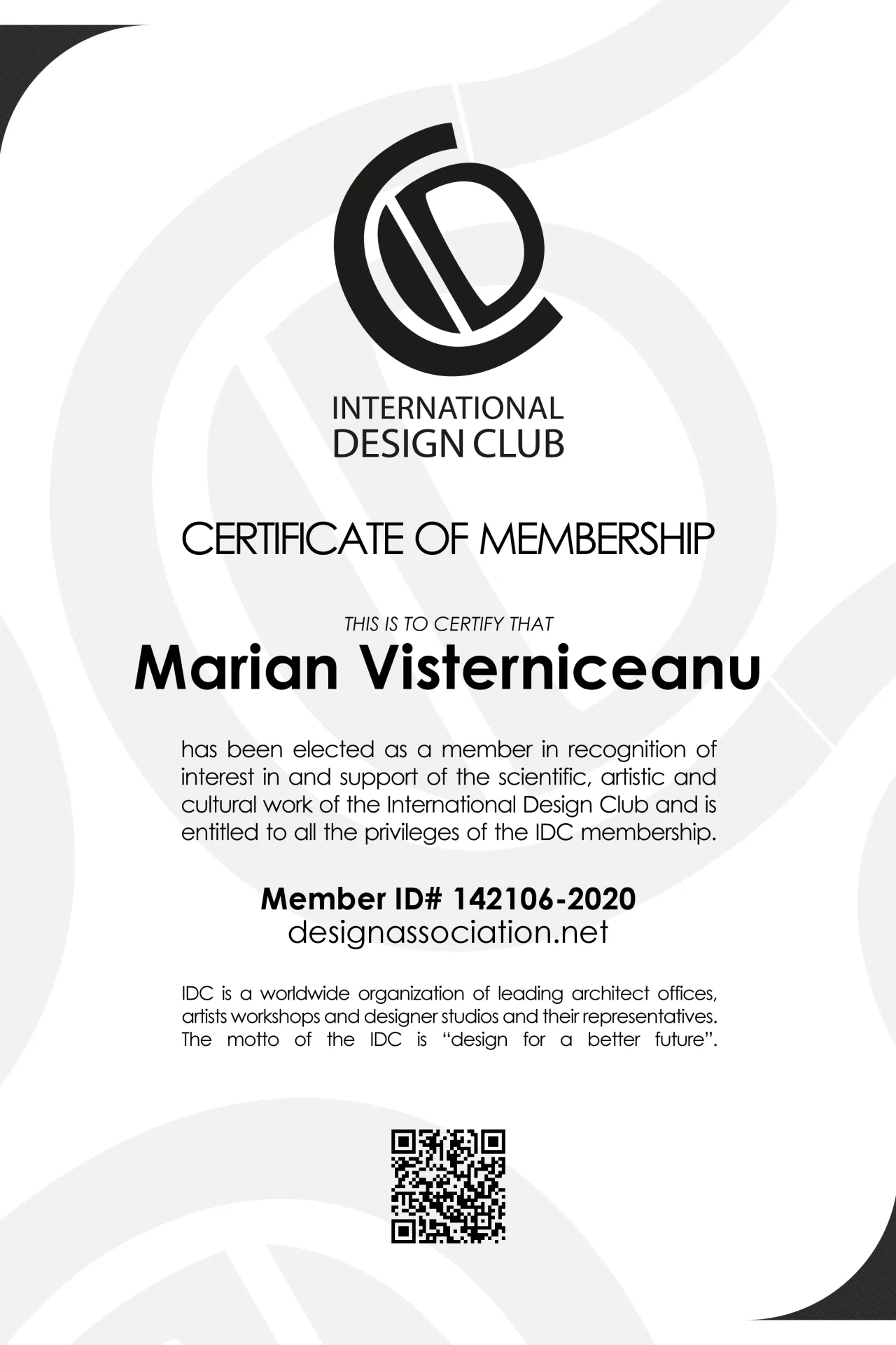 International Design Club (IDC) membership certificate, Marian Visterniceanu (Marian Vist)