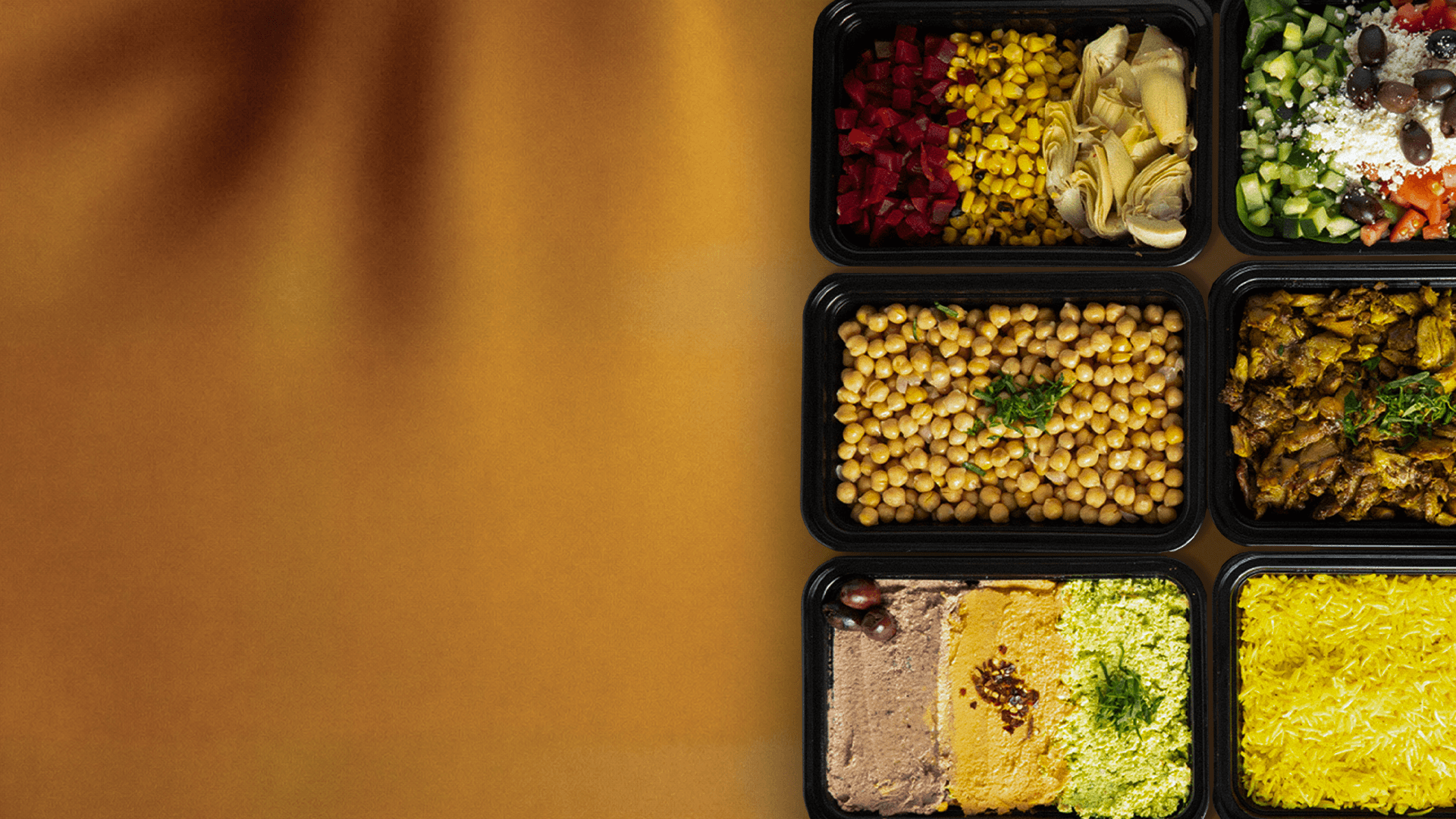 Bowl filled with veggies, hummus, and meat - sitting on terracotta tile.