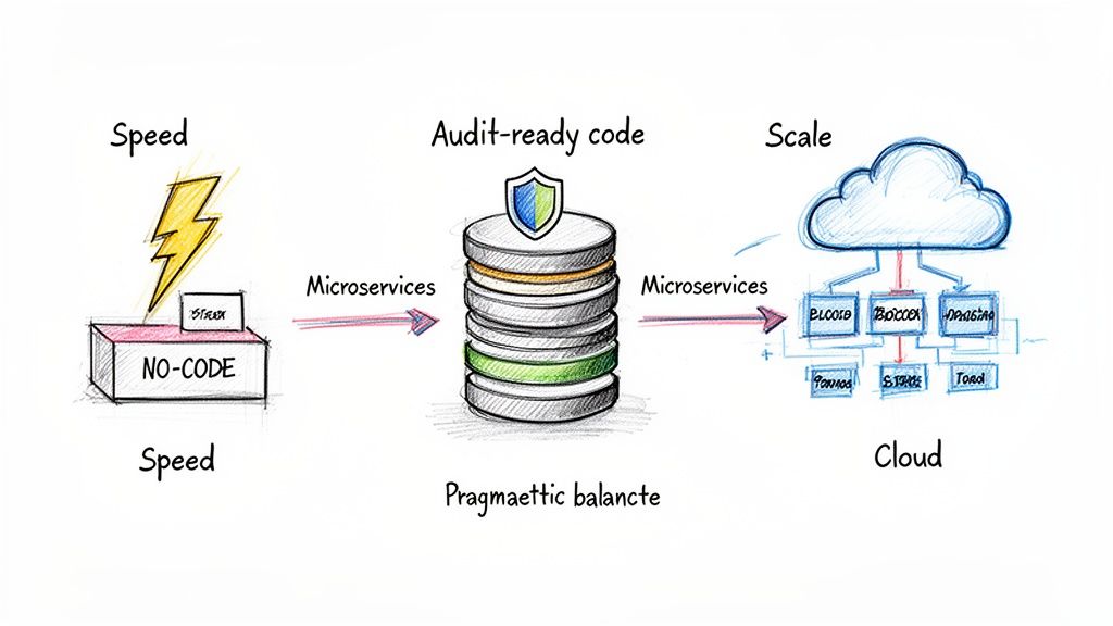 Diagram showing a software architecture path from no-code speed to scalable cloud services.
