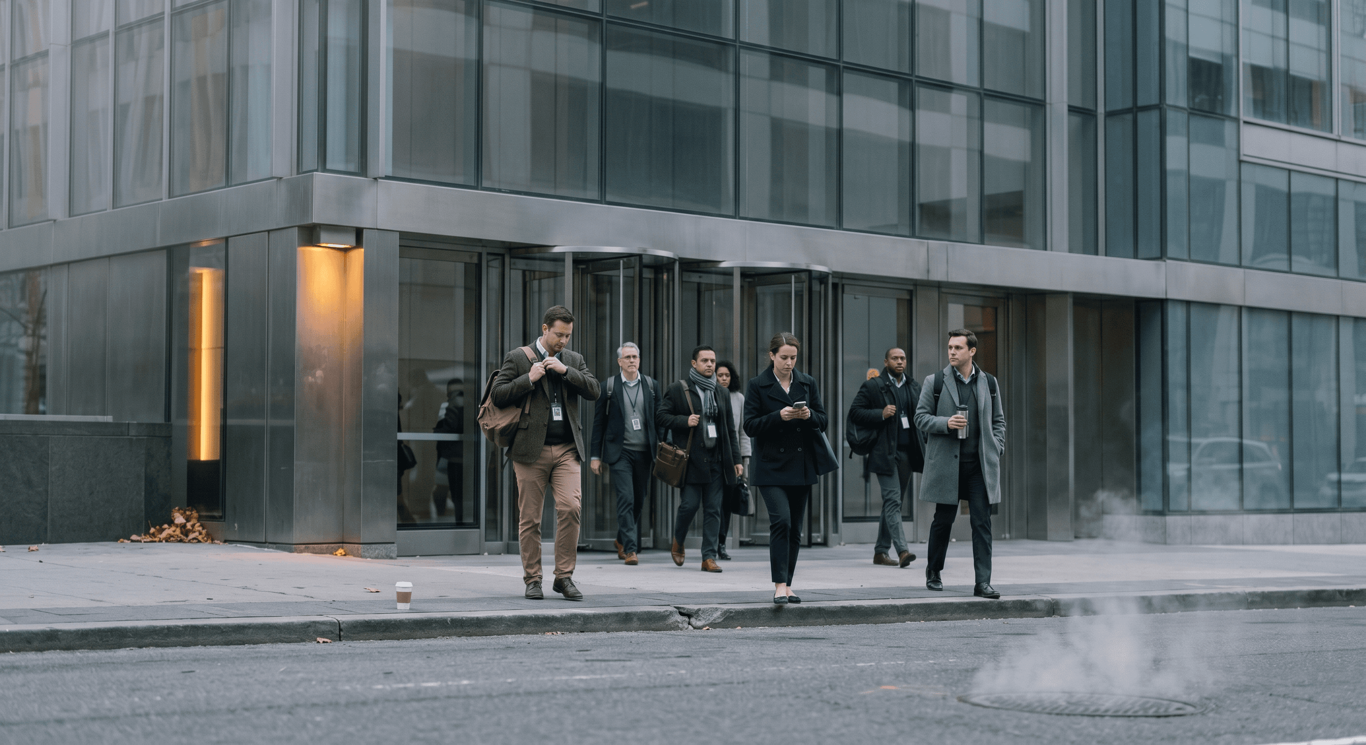 Modern downtown office tower at sunrise with morning commuters walking toward the entrance, captured from across the street