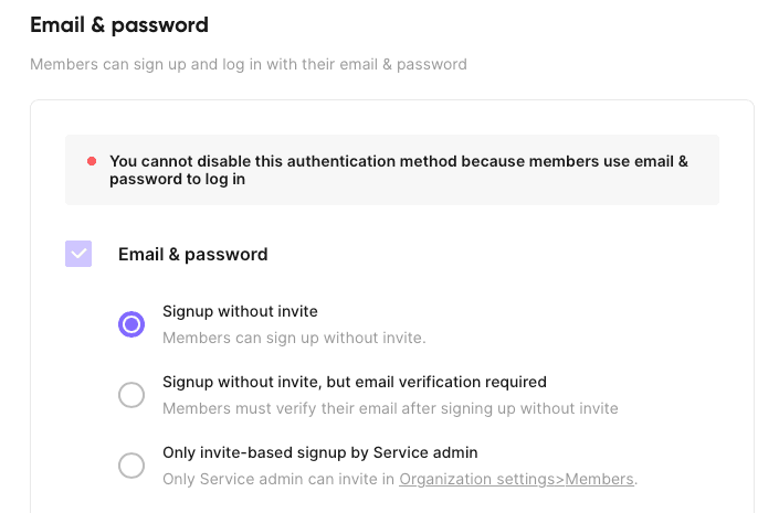 {'_type': 'localeString', 'en': 'Email and Password section in Organization Settings '}