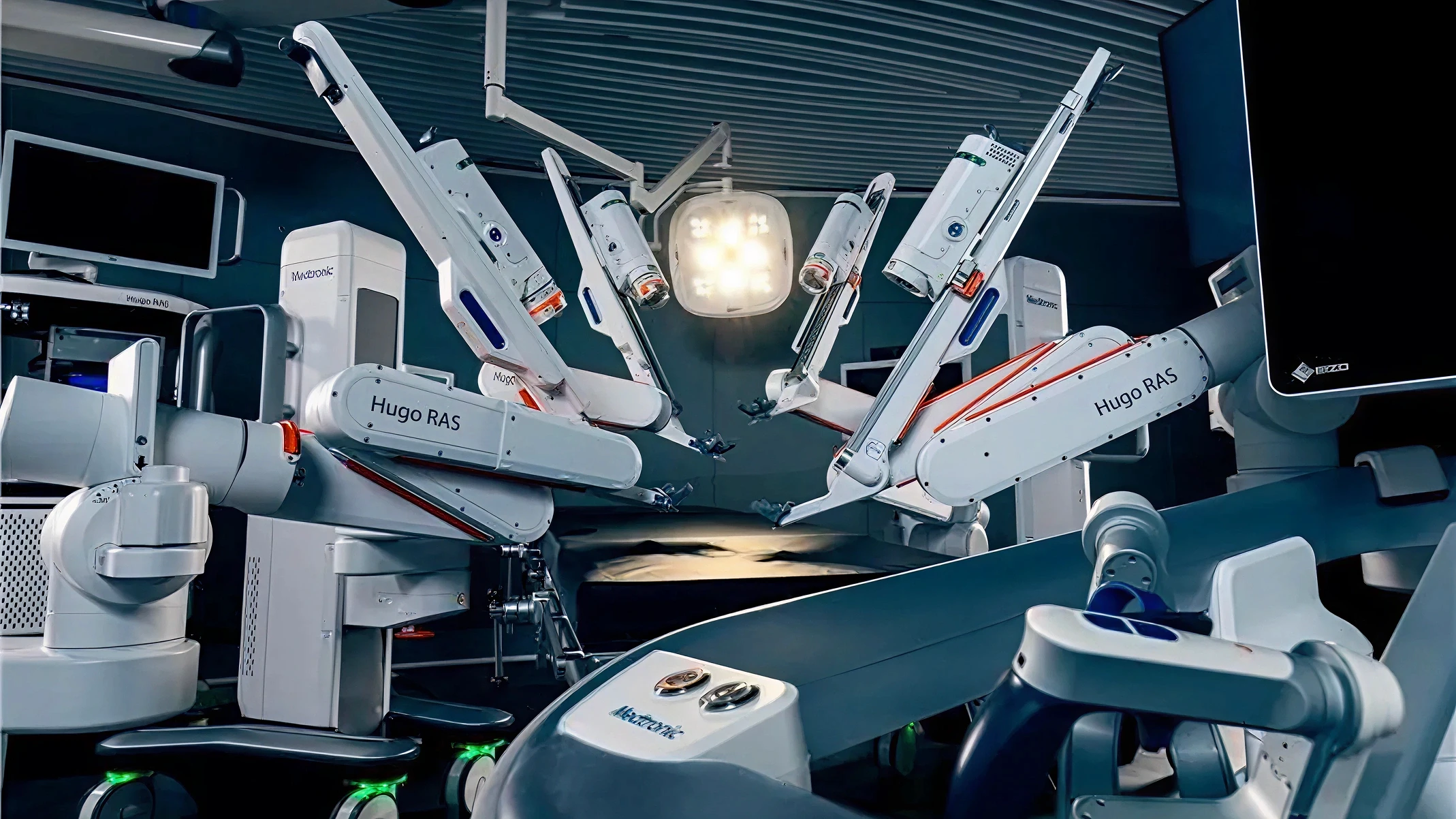 Medtronic Hugo RAS robotic surgical system with multiple robotic arms positioned over an operating table in a modern hospital OR