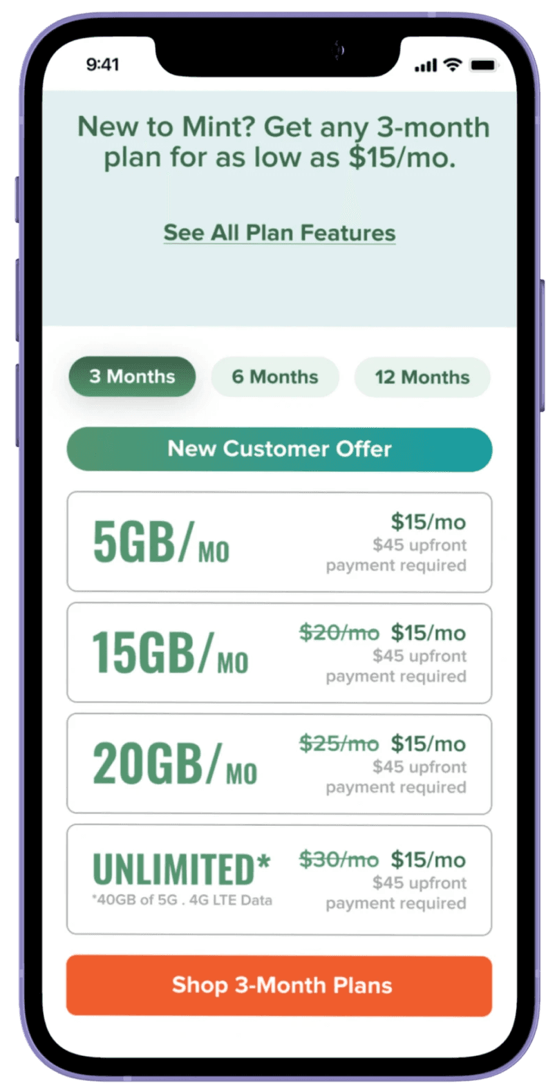 mobile view of Mint mobile's plan comparison chart