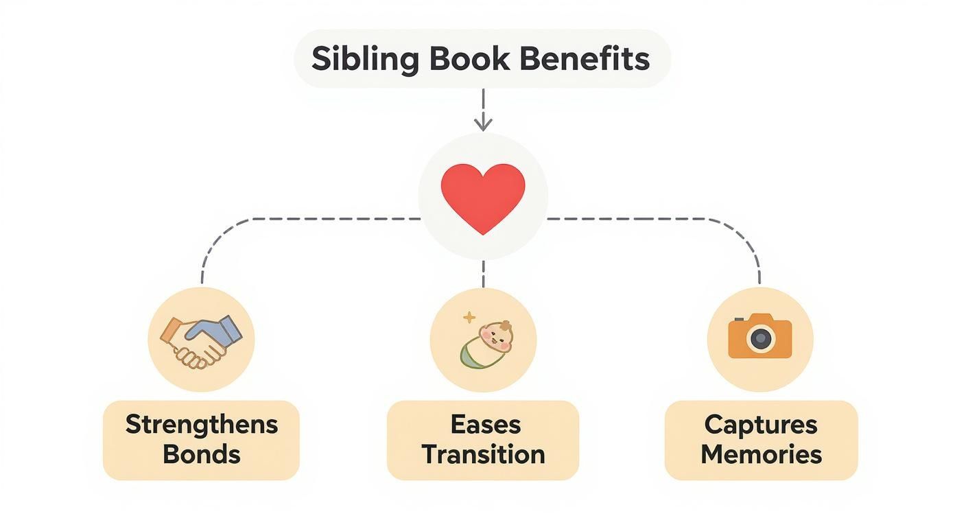 A flowchart illustrates the benefits of sibling books: strengthens bonds, eases transition, and captures memories.