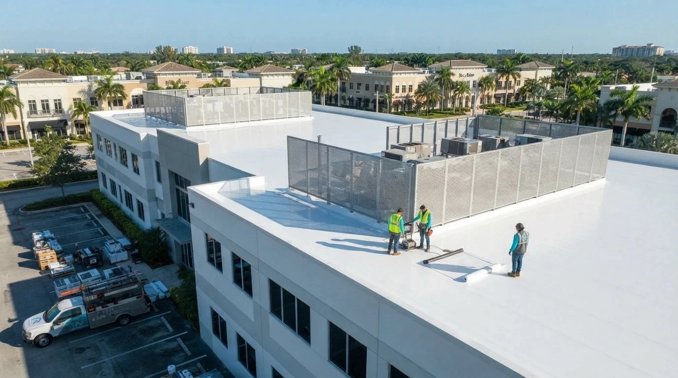 Flat commercial roof with rooftop screen walls on a Boca Raton office building