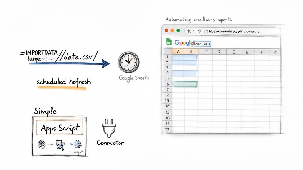 Illustration showing methods to automate CSV data import into Google Sheets with scheduled refreshes, Apps Script, and connectors.
