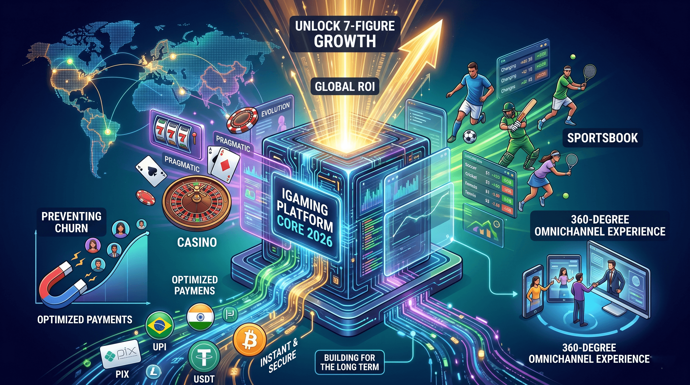 Server towers scaling vertically into clouds connected by golden data streams representing cloud-native iGaming platform scalability in 2026