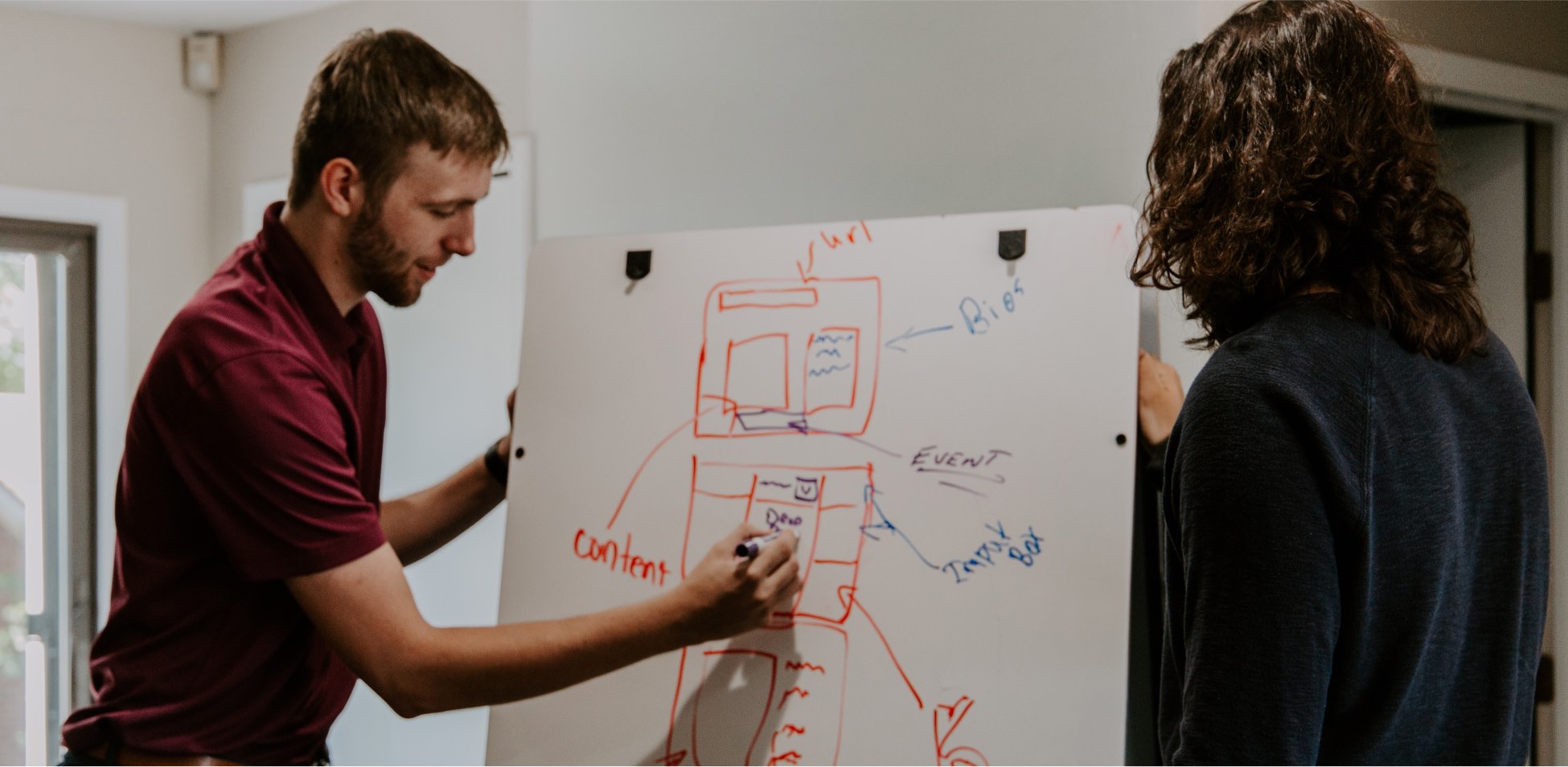 People drawing on a whiteboard with crayons.