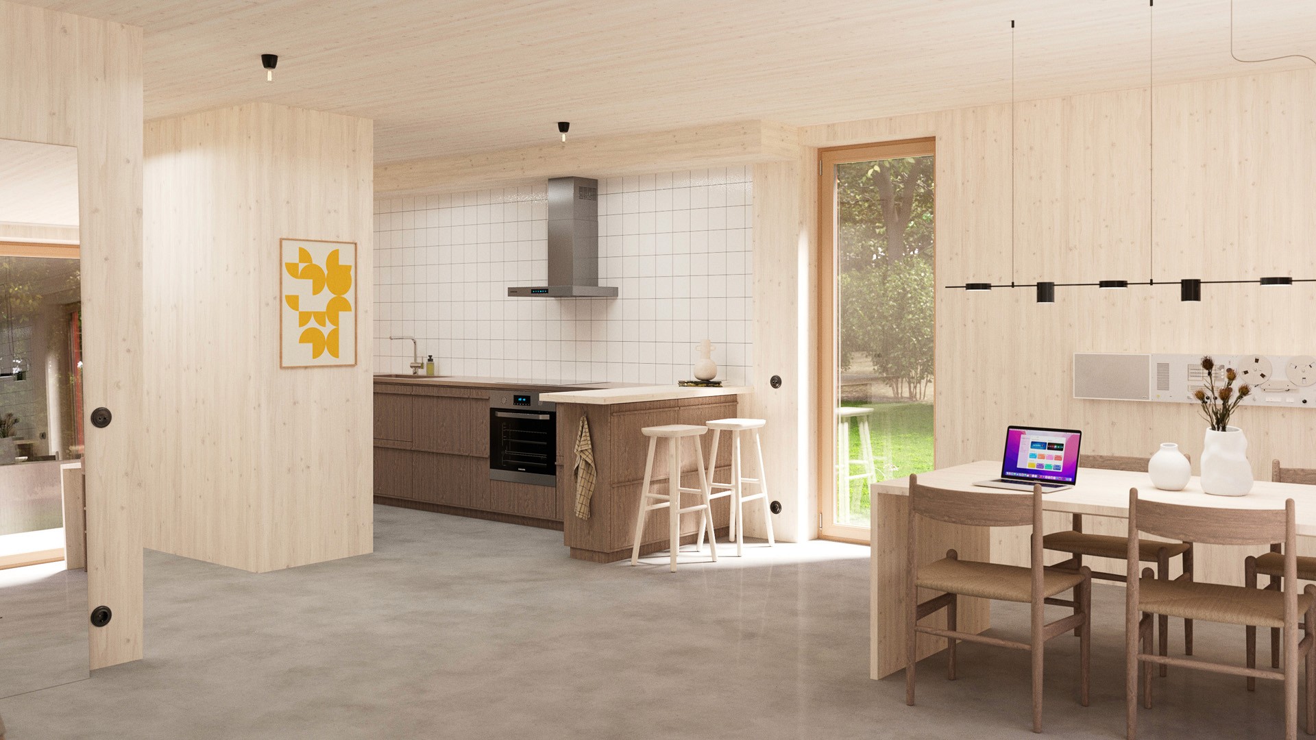 Open-plan kitchen and dining area in light wood and concrete with custom cabinetry, Källstorp 2023
