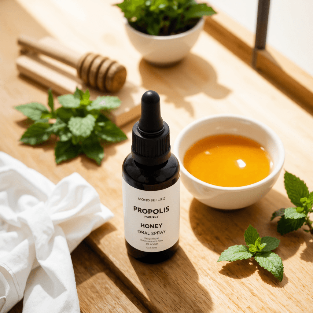 product photography of bottle of propolis oral spray