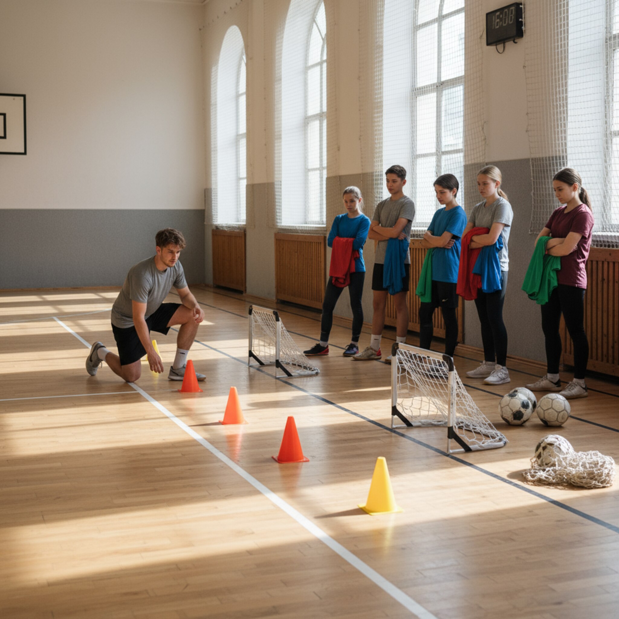 Ein Trainer legt Hütchen in gleichmäßigen Abständen aus und richtet Mini-Tore aus. Eine Gruppe Jugendlicher wartet geduldig am Rand, Leibchen über dem Arm. Der Court ist klar gekennzeichnet, eine Uhr zeigt den Startpunkt an. Die Stimmung ist organisiert, konzentriert und wiederkehrend.