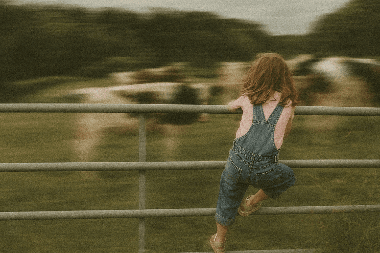 A child in overalls climbs a fence, looking towards a field with horses in the background under soft lighting.