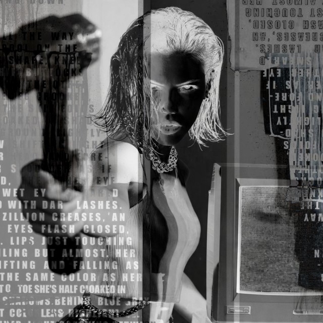 A grayscale collage blending images of a person with wet hair, bold typography, and a vintage television, creating a mysterious and artistic composition.