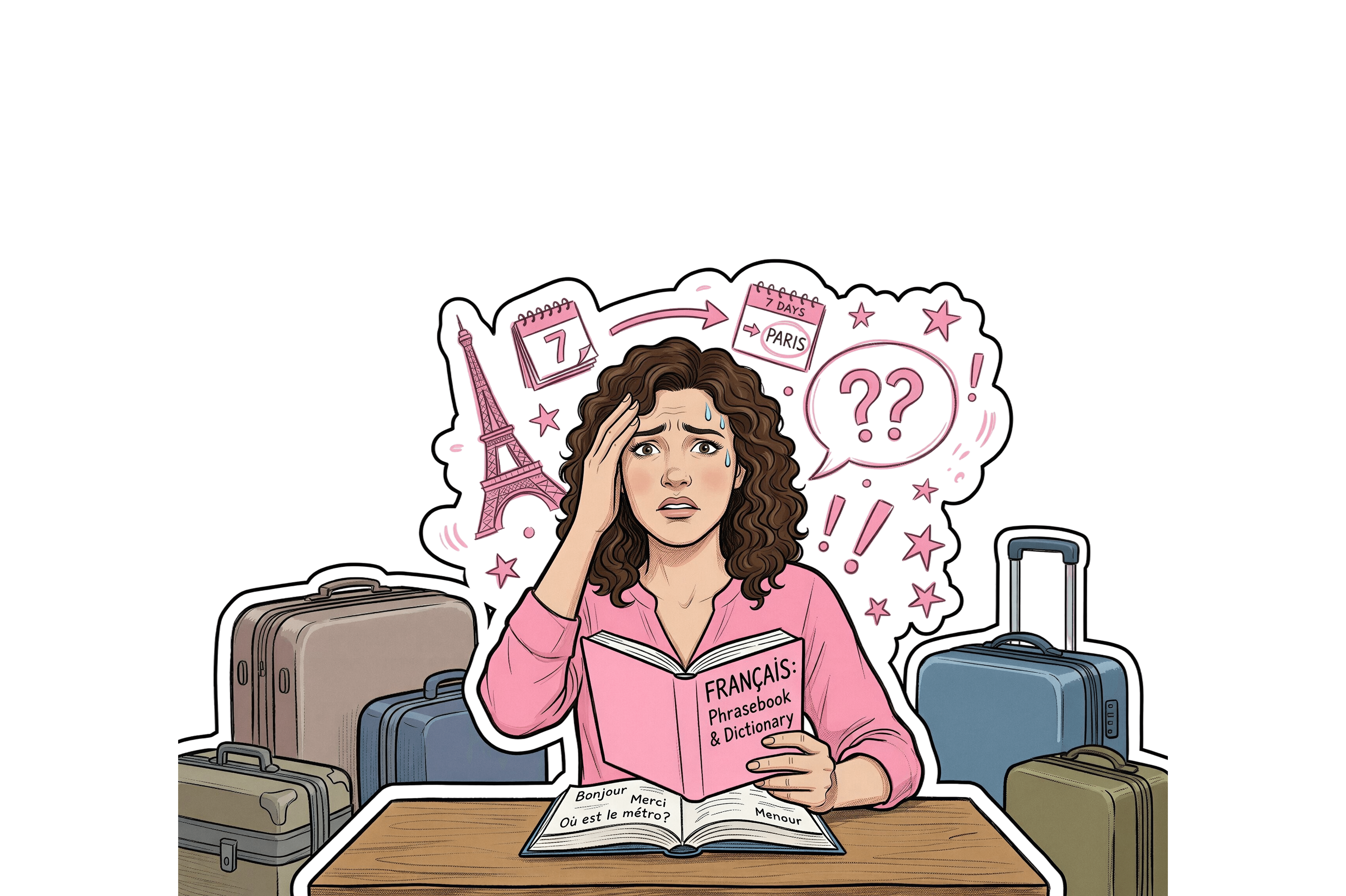 A worried young woman surrounded by suitcases, holding a French phrasebook, with a thought cloud showing a calendar, Paris and question marks, illustrated in a comic style with pink accents.