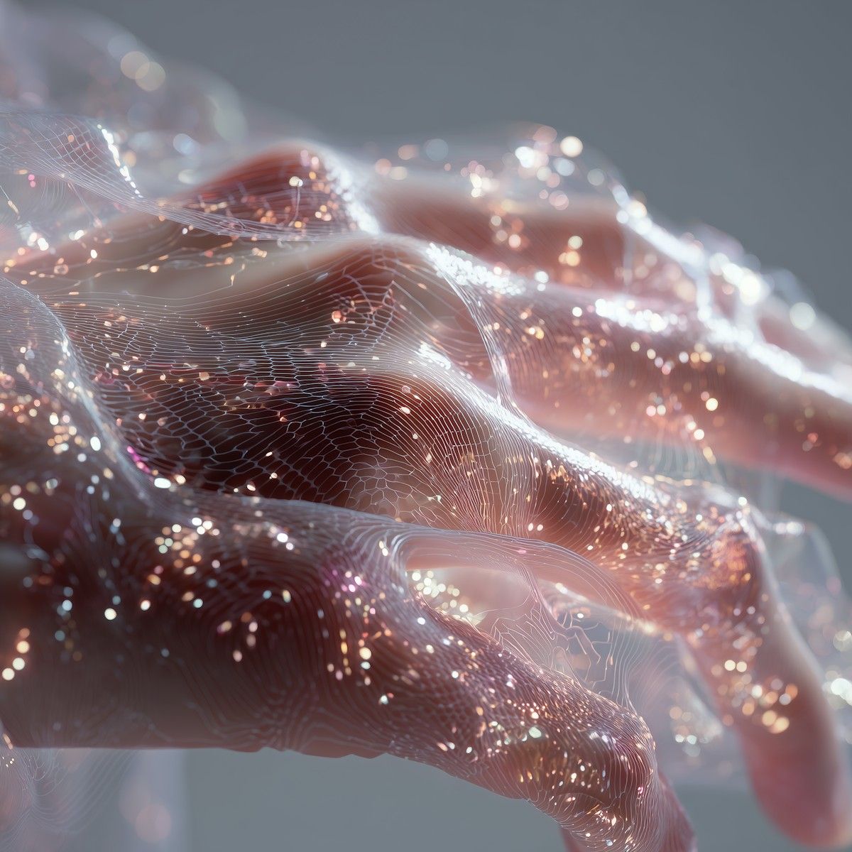 A close-up image of delicate, abstract patterns resembling flowing fabric or organic textures, illuminated with a sparkling, ethereal glow, creating a mesmerizing and futuristic visual effect.