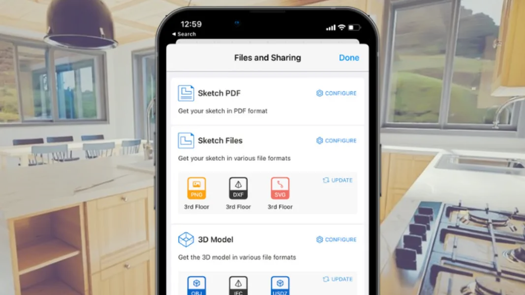 magic plan mobile app files and sharing screen with pdf, sketch, and 3d model export options