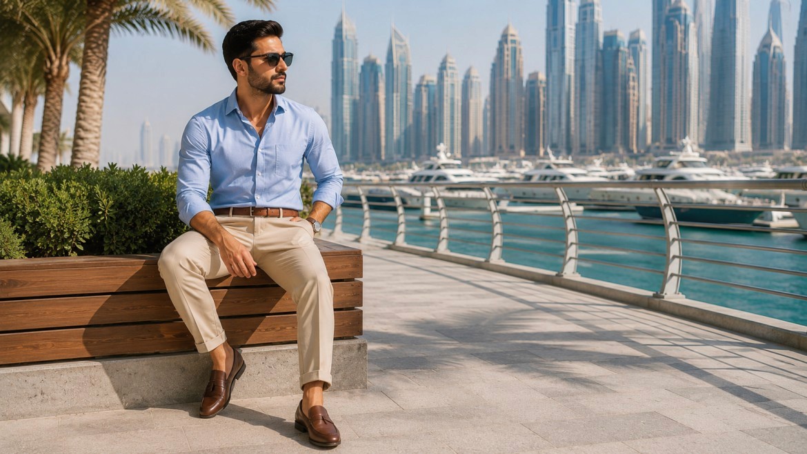 A person styled in Cotton Chinos enjoying in Dubai 