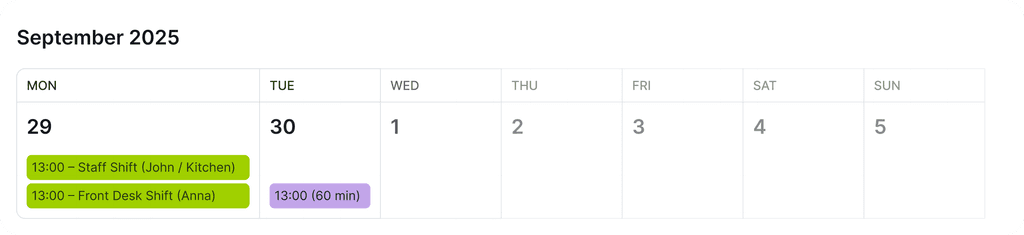OneAvant calendar view for September 2025 showing scheduled staff shifts and tasks for kitchen and front desk teams.