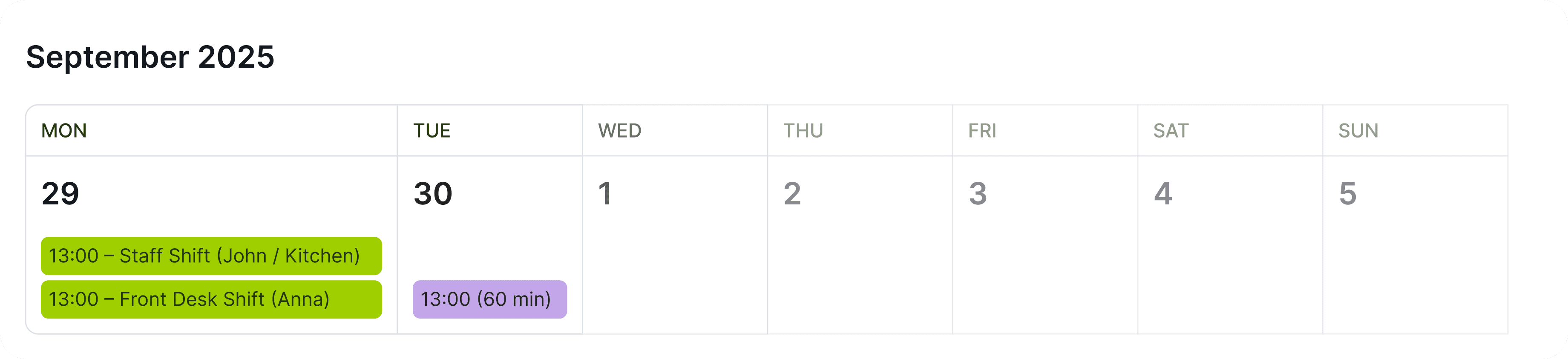 OneAvant calendar view for September 2025 showing scheduled staff shifts and tasks for kitchen and front desk teams.