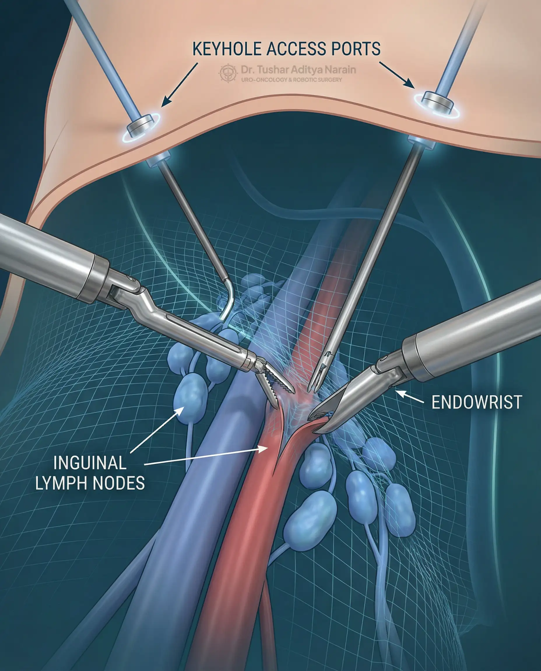 इंग्विनल क्षेत्र का आंतरिक स्केमैटिक दृश्य, जिसमें Robotic Video Endoscopic Inguinal Lymph Node Dissection (R-VEIL) को छोटे कीहोल पोर्ट्स के माध्यम से किया जा रहा है, दिखाते हुए कि प्रमुख रक्त वाहिकाओं और नर्व्स का संरक्षण नोडल स्टेजिंग के दौरान किया जा रहा है।