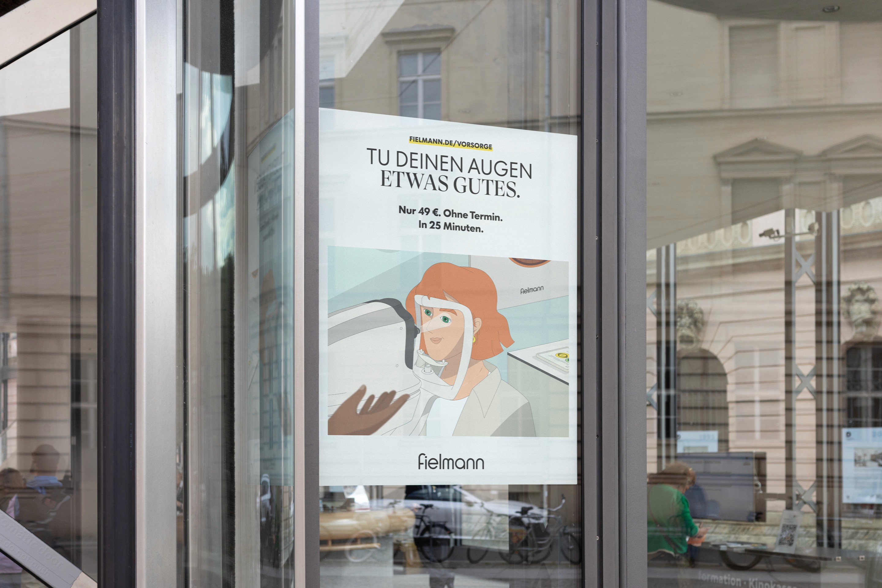 Retail window campaign encouraging customers to book a Fielmann Eye Check-up.