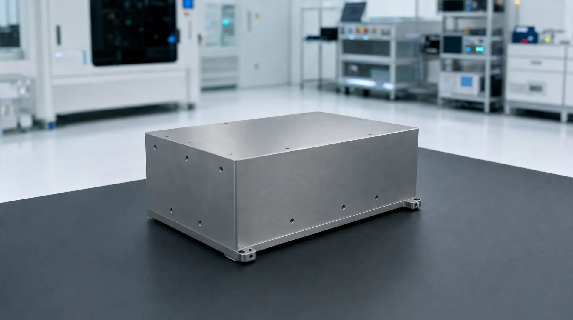 Gray metal platform on a lab bench in a spotless cleanroom, with blurred control screens in the background, supporting semiconductor marketing for technical products.