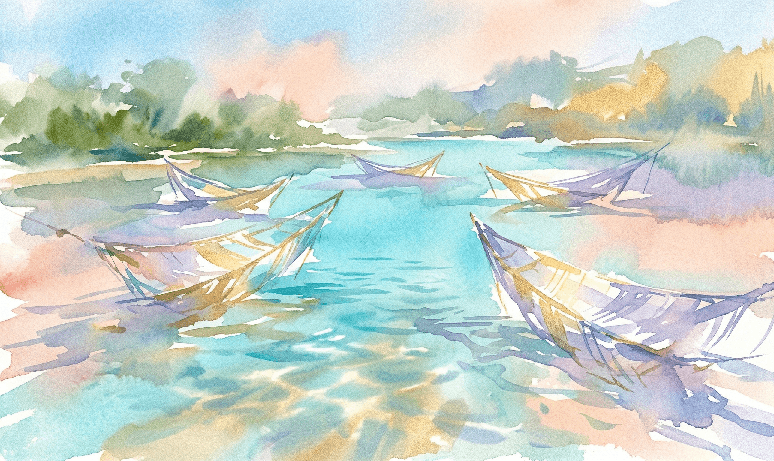 Watercolor five nets cast across a turquoise lagoon catching golden light