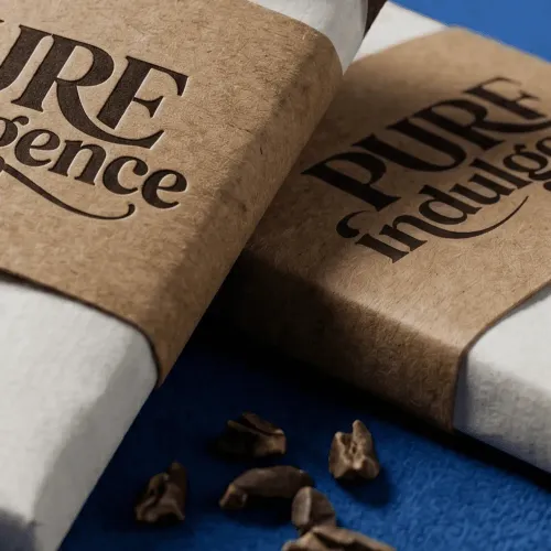 Detailed close-up of premium chocolate bar wraps, emphasizing paper texture and elegant print. By a branding expert.