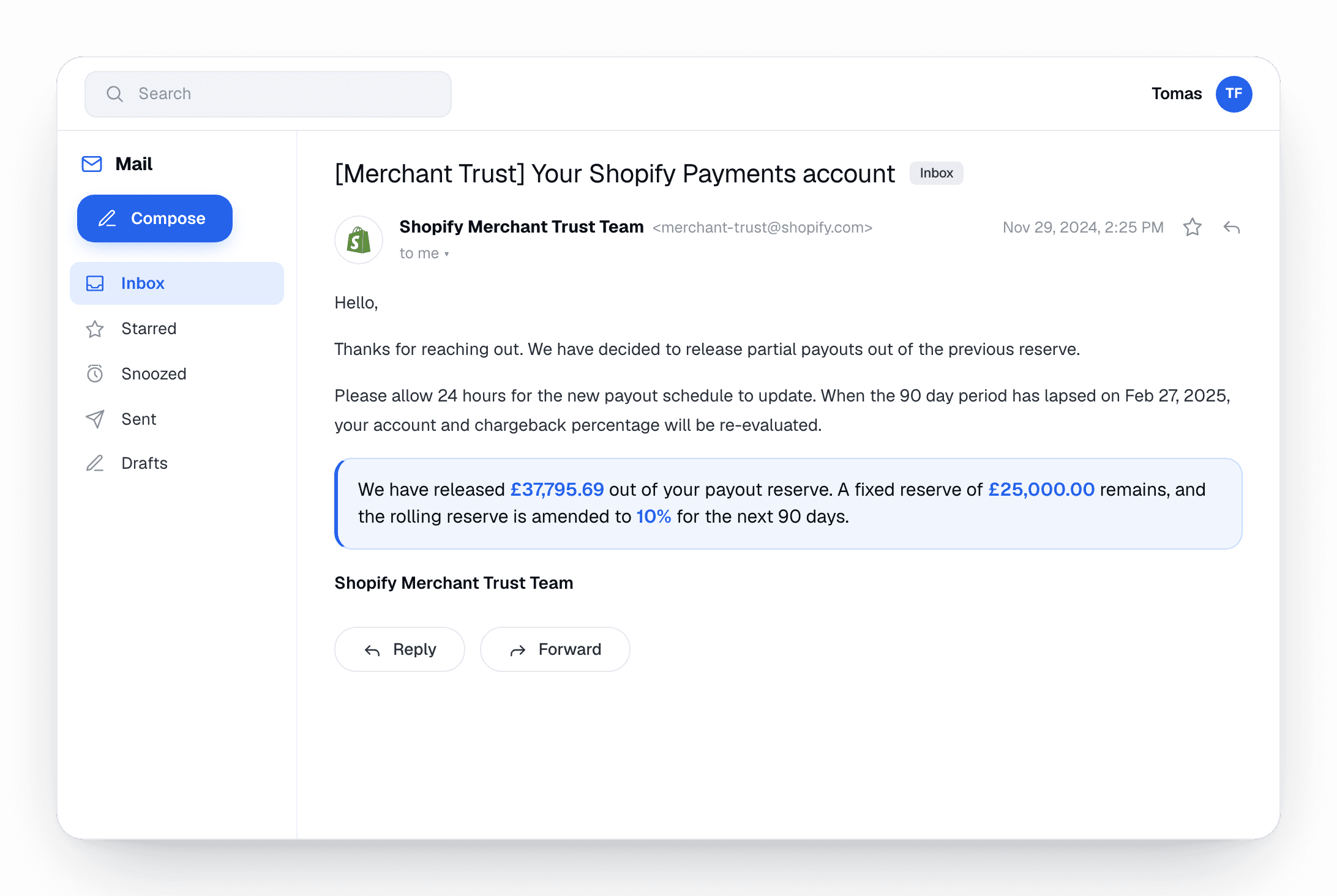 Shopify gibt 37.795,69 £ frei und senkt die Rolling Reserve auf 10 %