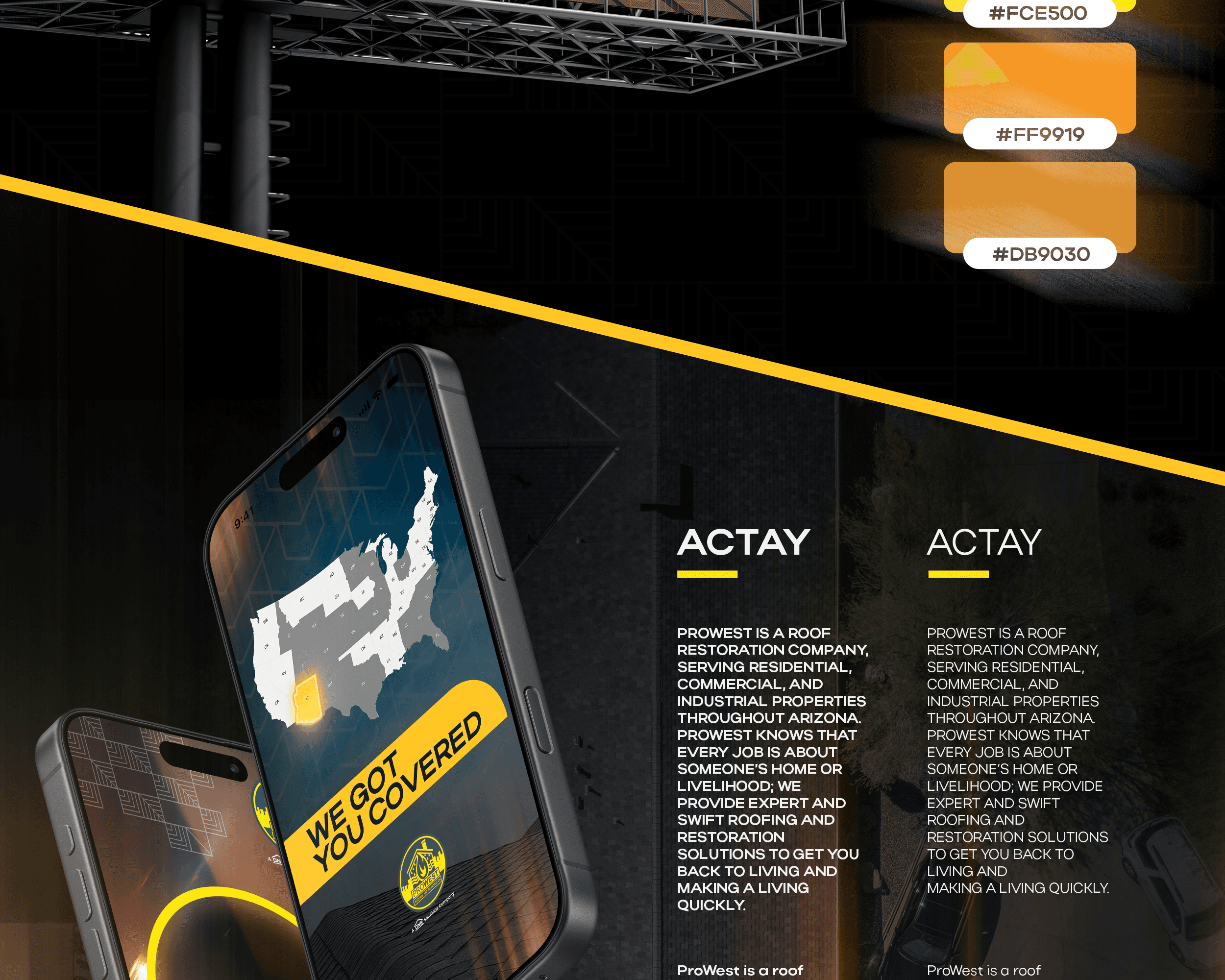 Brand color palette with orange and amber hex codes alongside Actay typeface samples and a mobile phone mockup displaying the ProWest We Got You Covered screen with a US coverage map