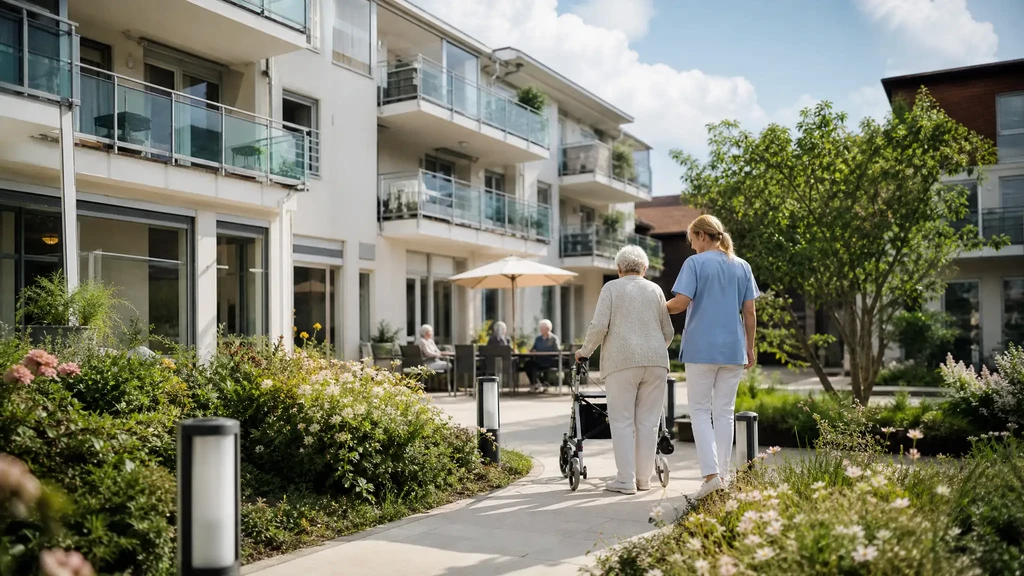 Pflegeheim-Anlage mit Garten – Pflegekraft begleitet eine Seniorin mit Rollator