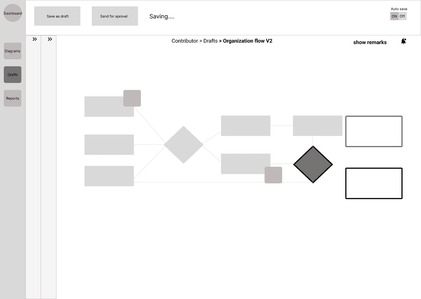 Wireframe of the diagram editor with a “Saving…” status in the toolbar, showing auto-save in place.