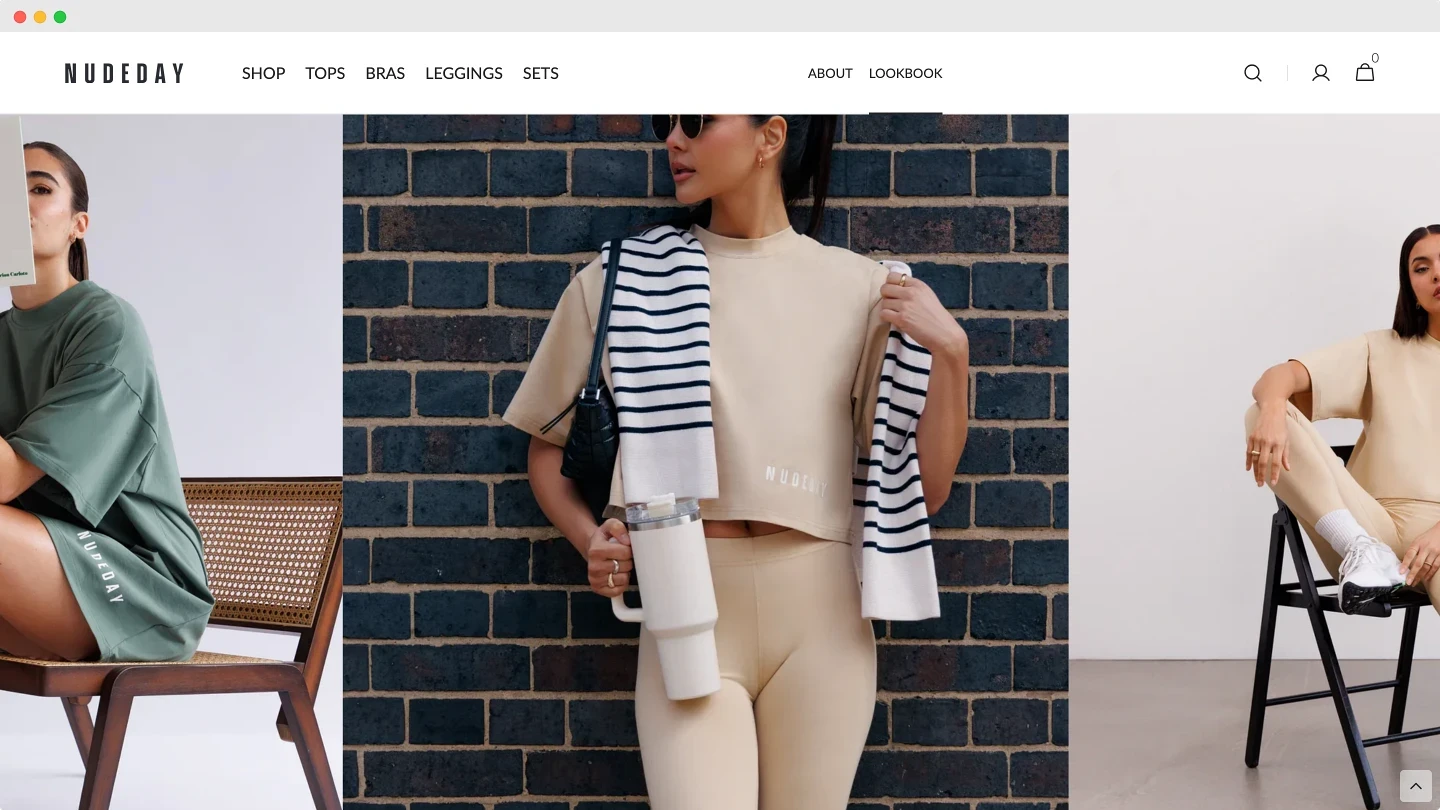 Screenshot showing a website design for Nude Day Clothing