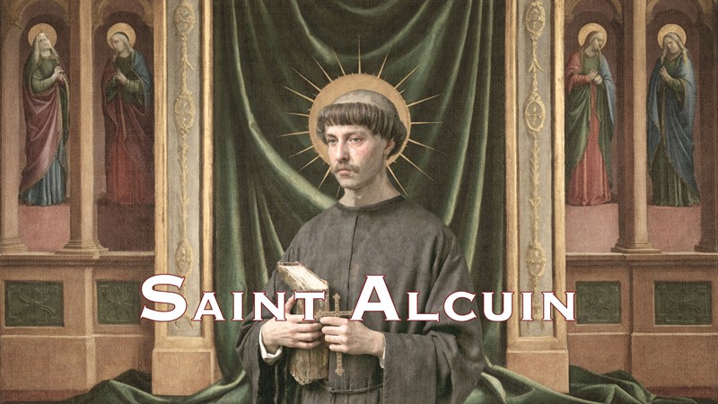 Sacred artwork by Faith and Verse. © Faith and Verse, 2025. All rights reserved.  Traditional Catholic saint portrait — Saint Alcuin of York holding a cross and codex, symbolizing sacred learning and Christian renewal in the Carolingian Renaissance.