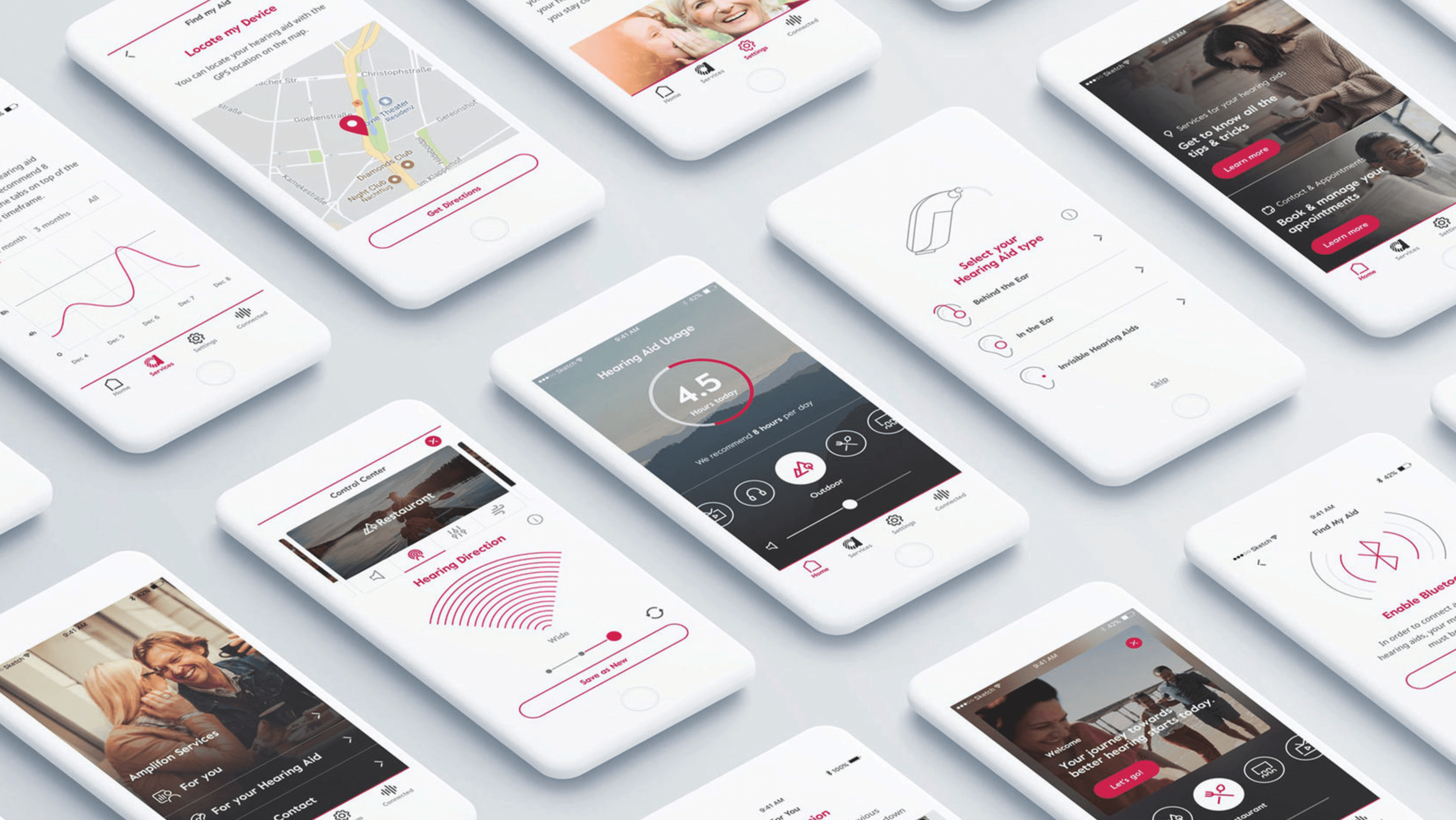 A graphic summarising the impact of the Amplifon Hearing App. On the left, a list of international awards won in 2018 and 2019, including Digital Impact Awards, The Drum DADI Award, OMMA Awards, BIMA Awards, One Show Merit, and EPICA Bronze. On the right, two key outcomes are highlighted: 6,558 app downloads in the first four months, and a 10% rise in Amplifon’s share price on launch day.