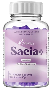 Frascos do suplemento Sacia+ alinhados, destacando a embalagem e a identidade do produto.