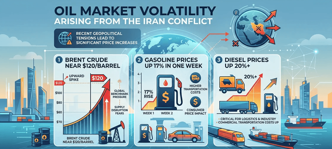 Oil market volatility arising from the Iran conflict: Brent crude near $120 per barrel, gasoline up 17% in one week, diesel up 20%+