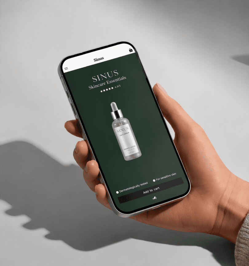 Hand holding phone and displaying product image with SINOS branding.