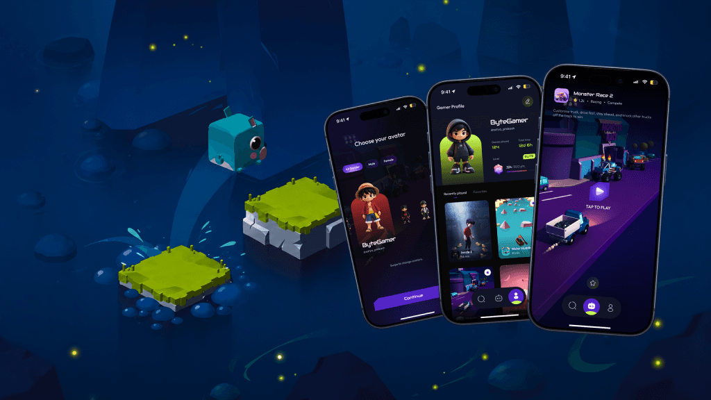 Playbyte gaming app screens floating over a 3D isometric game world