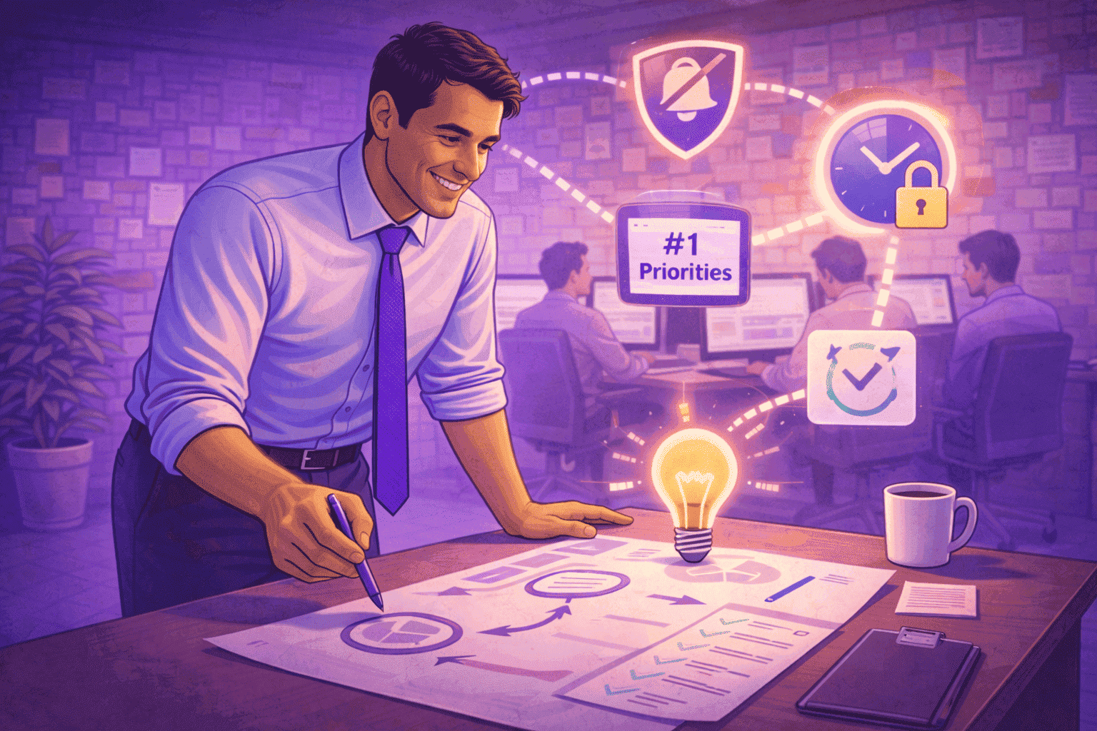 Manager planning strategies to improve employee focus using visual elements like priorities, time management, and reduced interruptions in the workplace