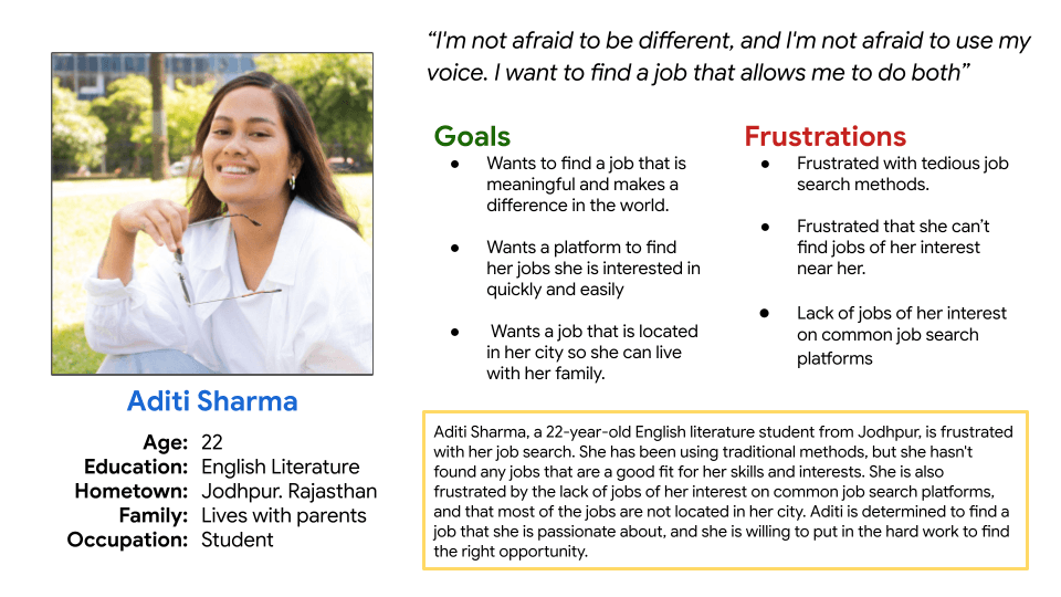 User persona of Aditi for SkillSeekers
