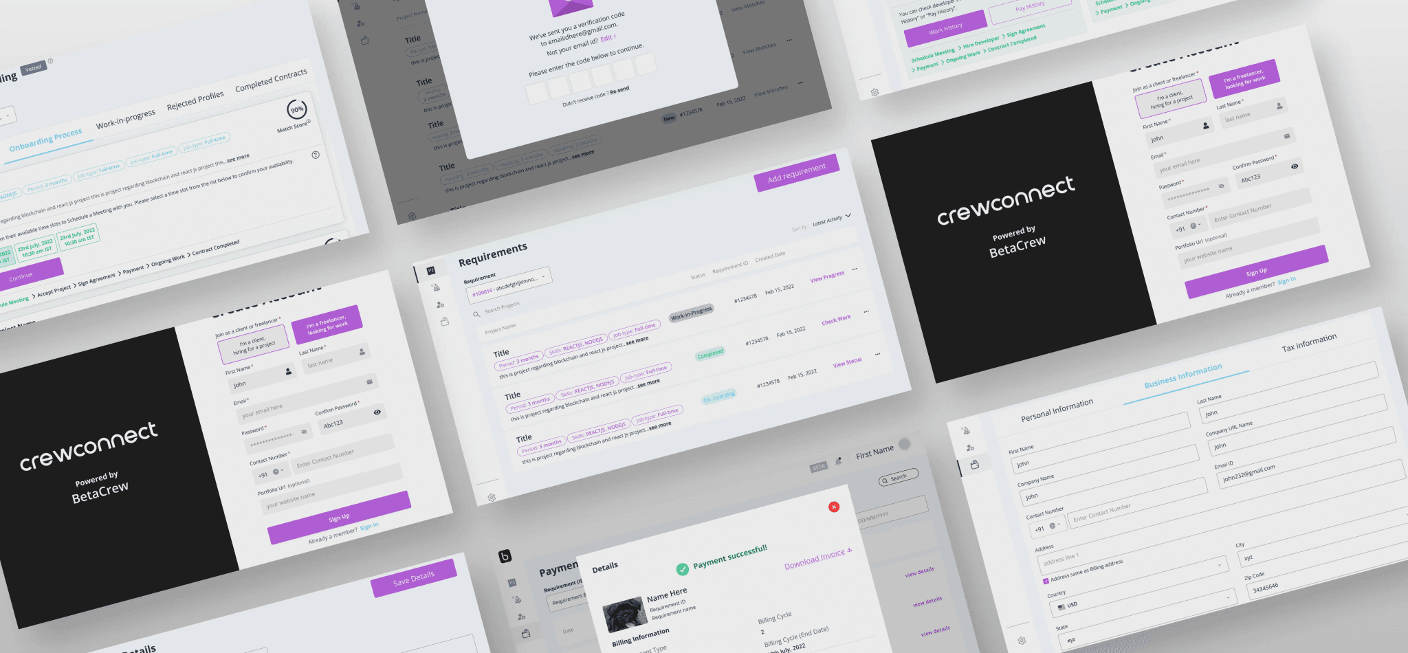 Various user interface elements of a platform called "BetaCrew" featuring a requirements dashboard, payment details, and personal information forms on a digital workspace.