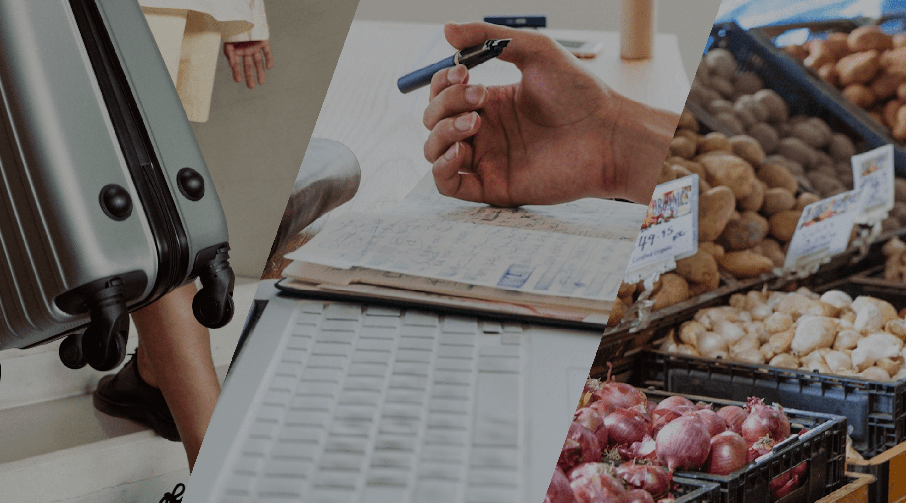 A collage of various elements related to grocery shopping and food preparation, including a hand writing on a paper, a suitcase or luggage, and different types of produce such as potatoes and onions.